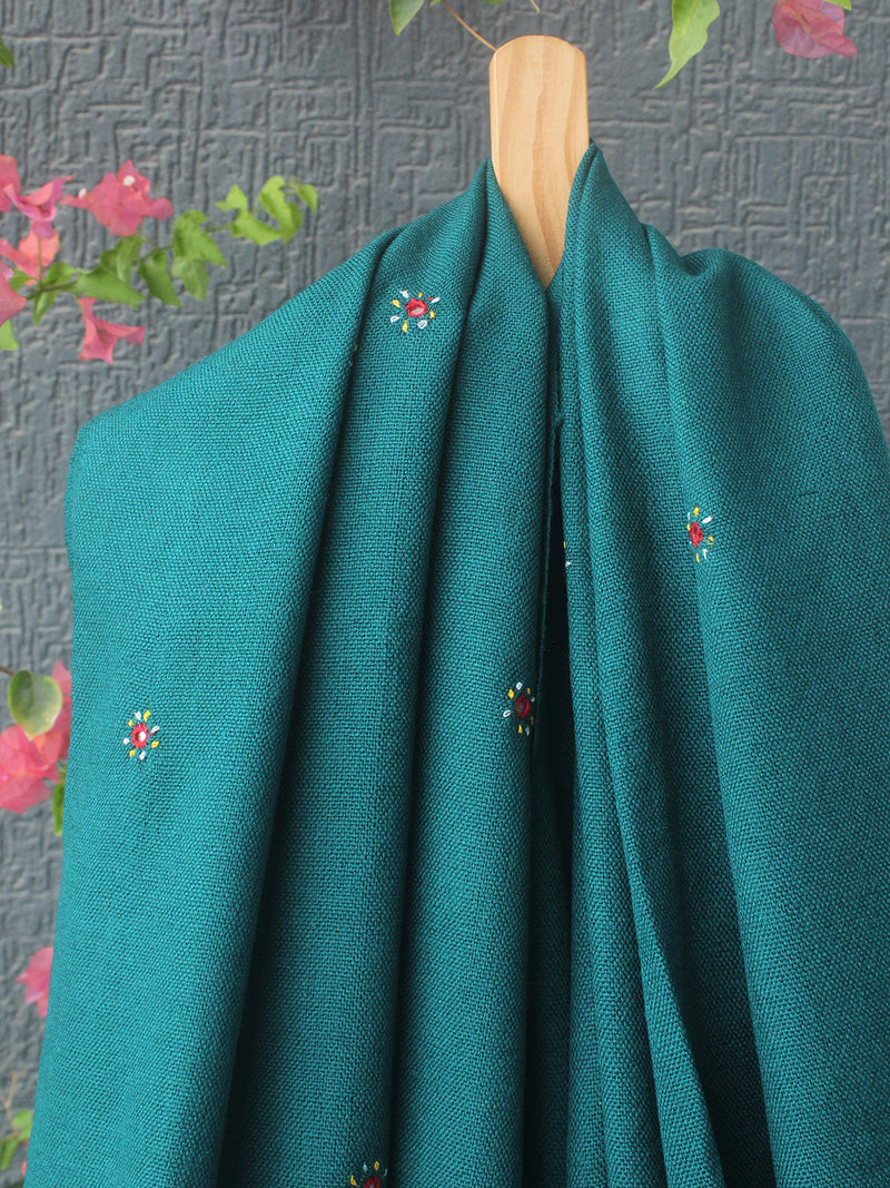 Teal Bhujodi Handloom Acrylic Wool Jamkhambaliya Shawl With Mirror Work