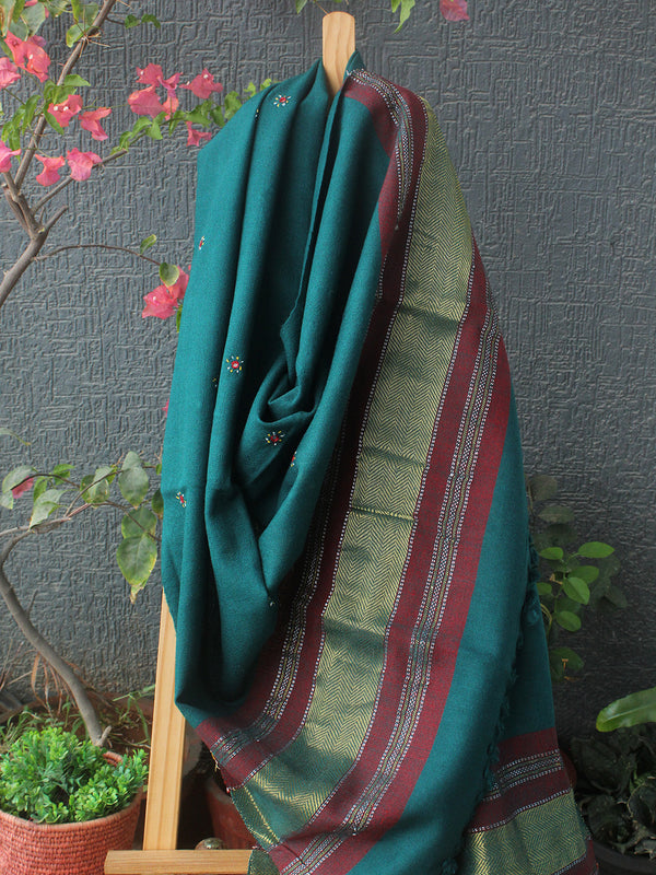 Teal Bhujodi Handloom Acrylic Wool Jamkhambaliya Shawl With Mirror Work