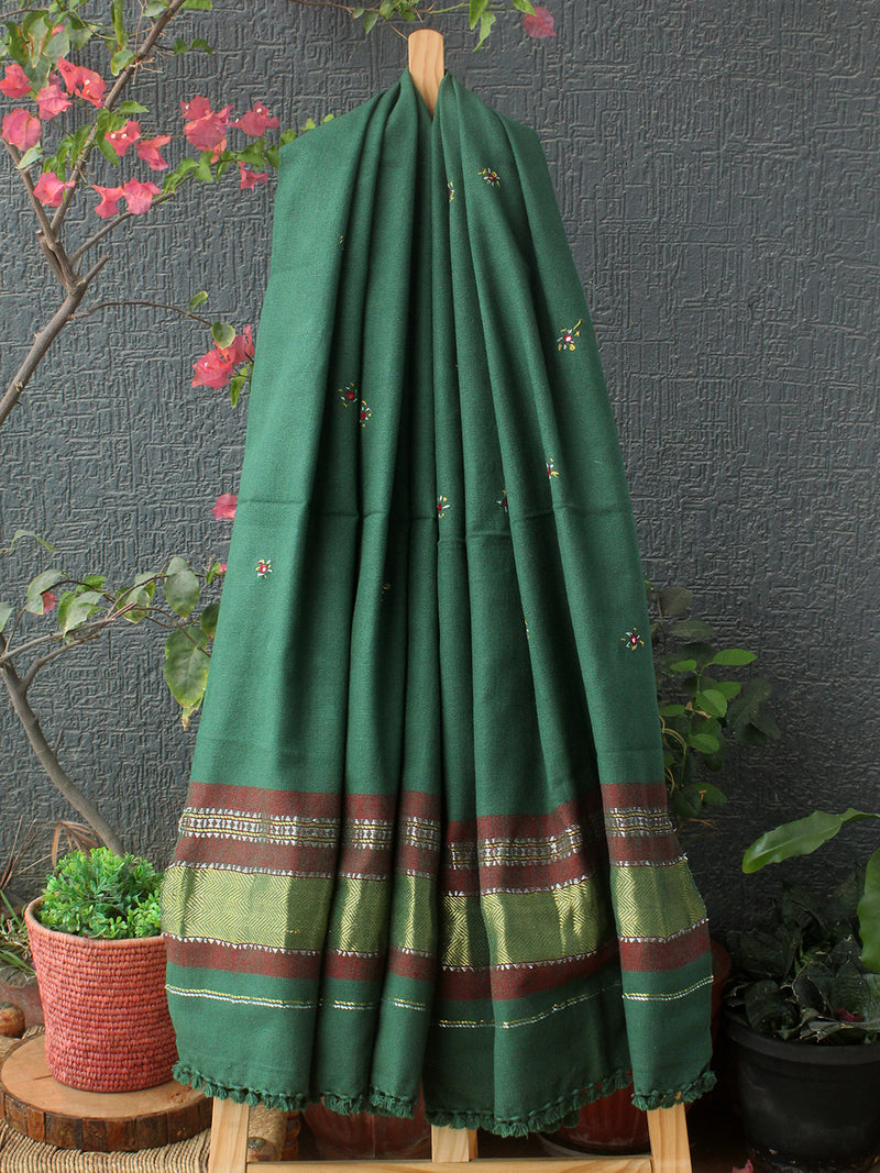 Green Bhujodi Handloom Acrylic Wool Jamkhambaliya Shawl With Mirror Work