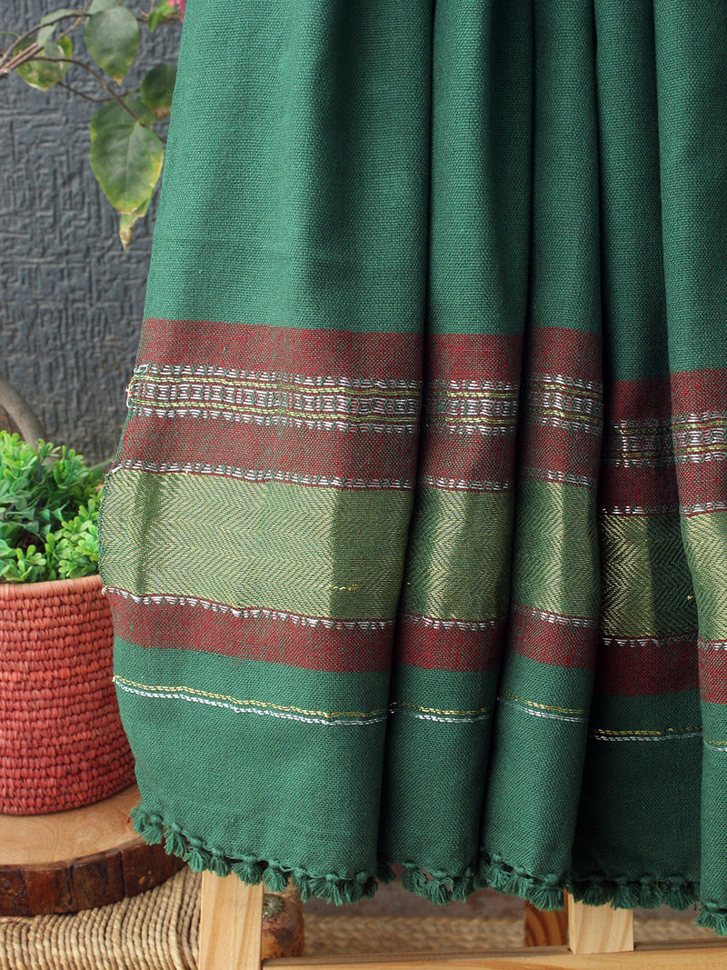 Green Bhujodi Handloom Acrylic Wool Jamkhambaliya Shawl With Mirror Work