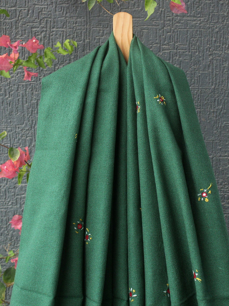 Green Bhujodi Handloom Acrylic Wool Jamkhambaliya Shawl With Mirror Work