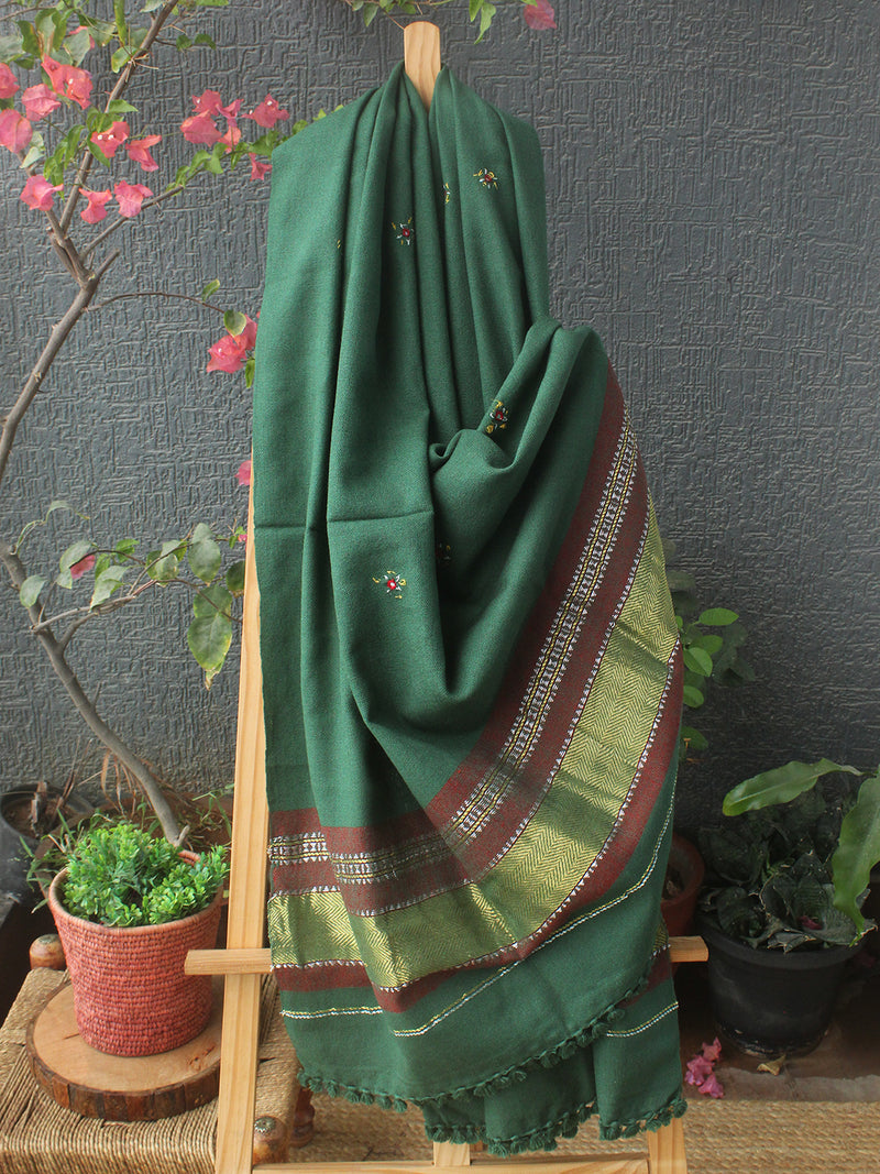 Green Bhujodi Handloom Acrylic Wool Jamkhambaliya Shawl With Mirror Work