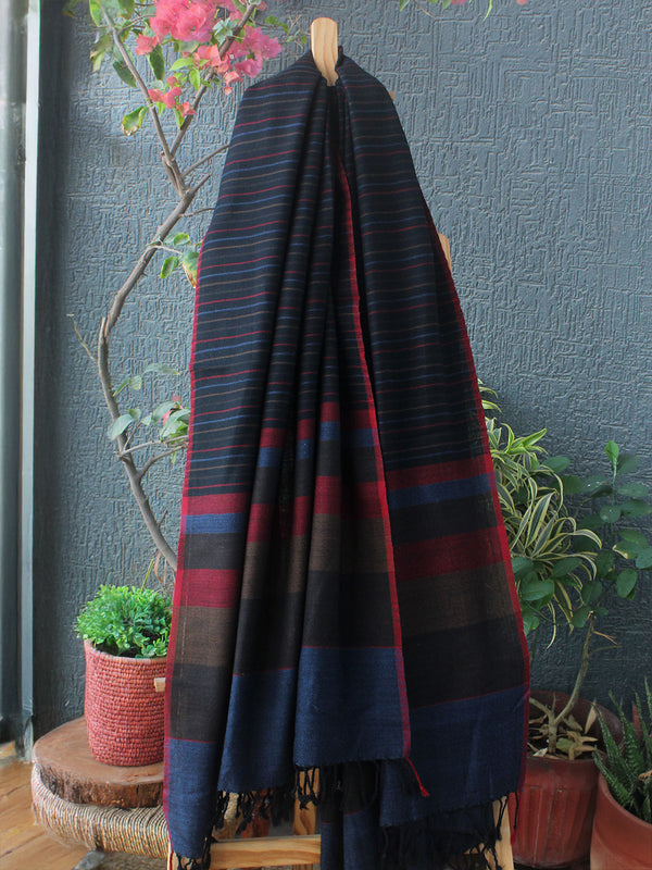 Black Handloom Pure Wool Kullu Shawl