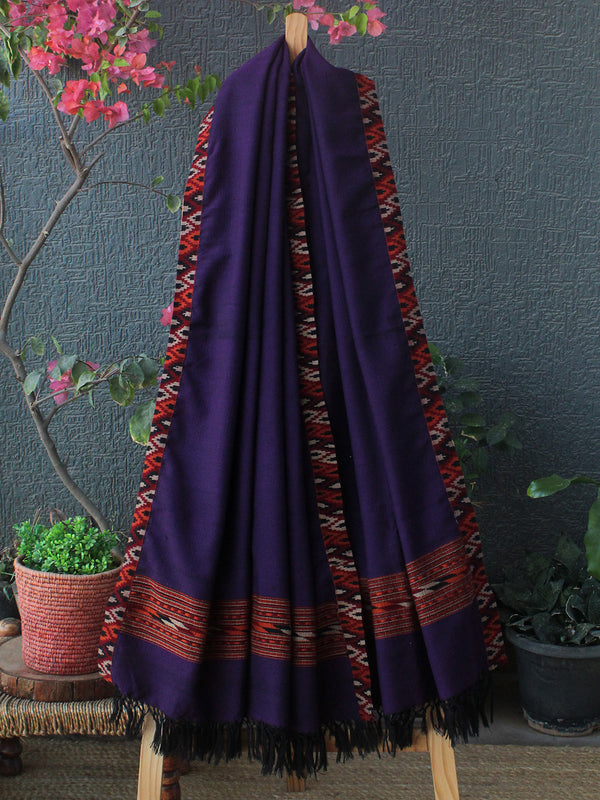 Purple Kullu Handloom Pure Wool Shawl With Woven Borders