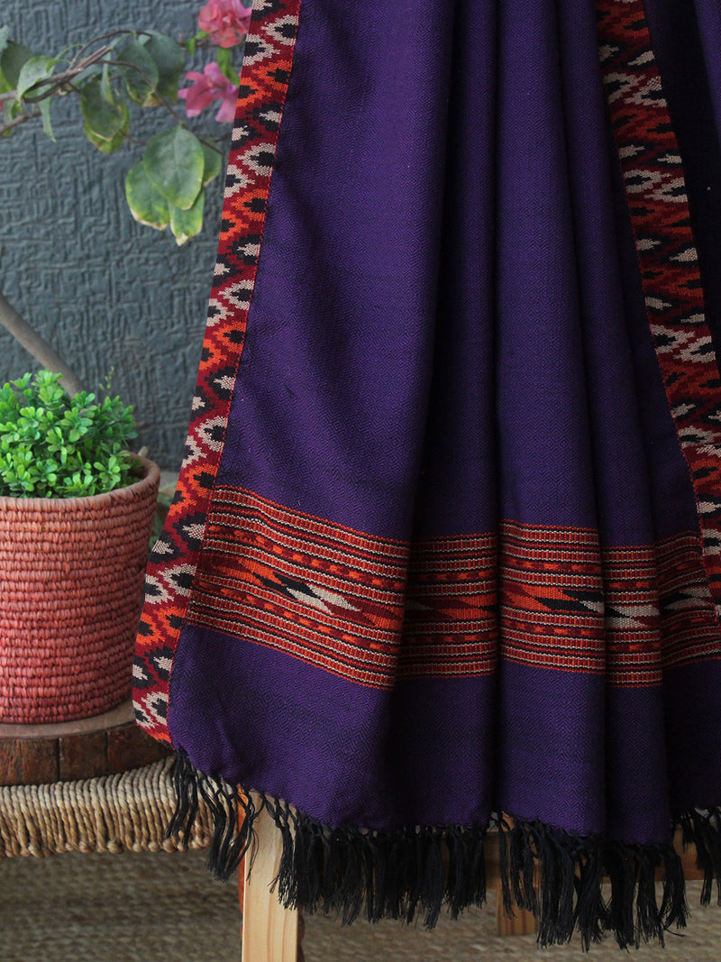 Purple Kullu Handloom Pure Wool Shawl With Woven Borders