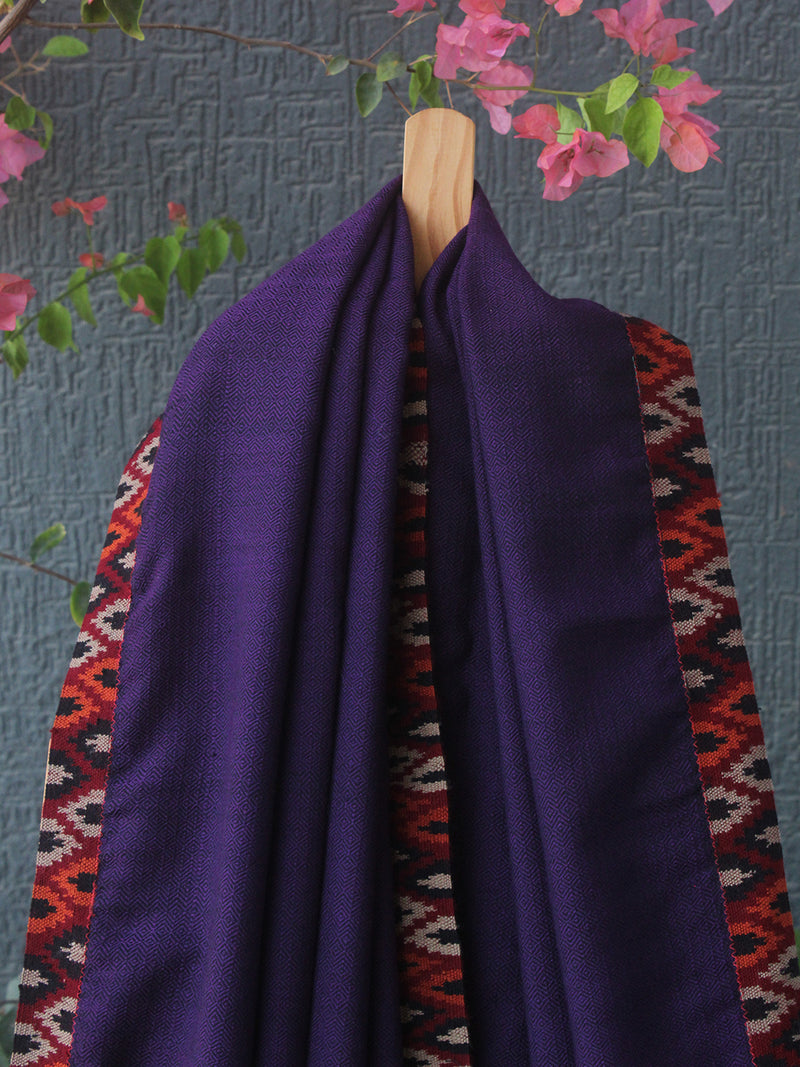 Purple Kullu Handloom Pure Wool Shawl With Woven Borders