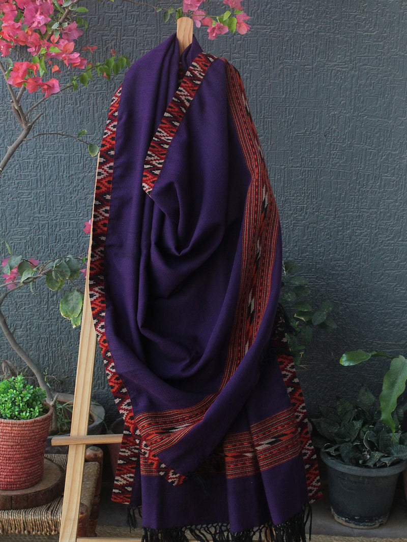 Purple Kullu Handloom Pure Wool Shawl With Woven Borders