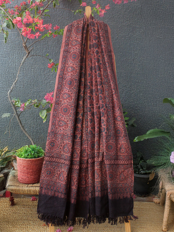 Peach Ajrakh Hand Block Printed Handloom Pure Wool Dupatta