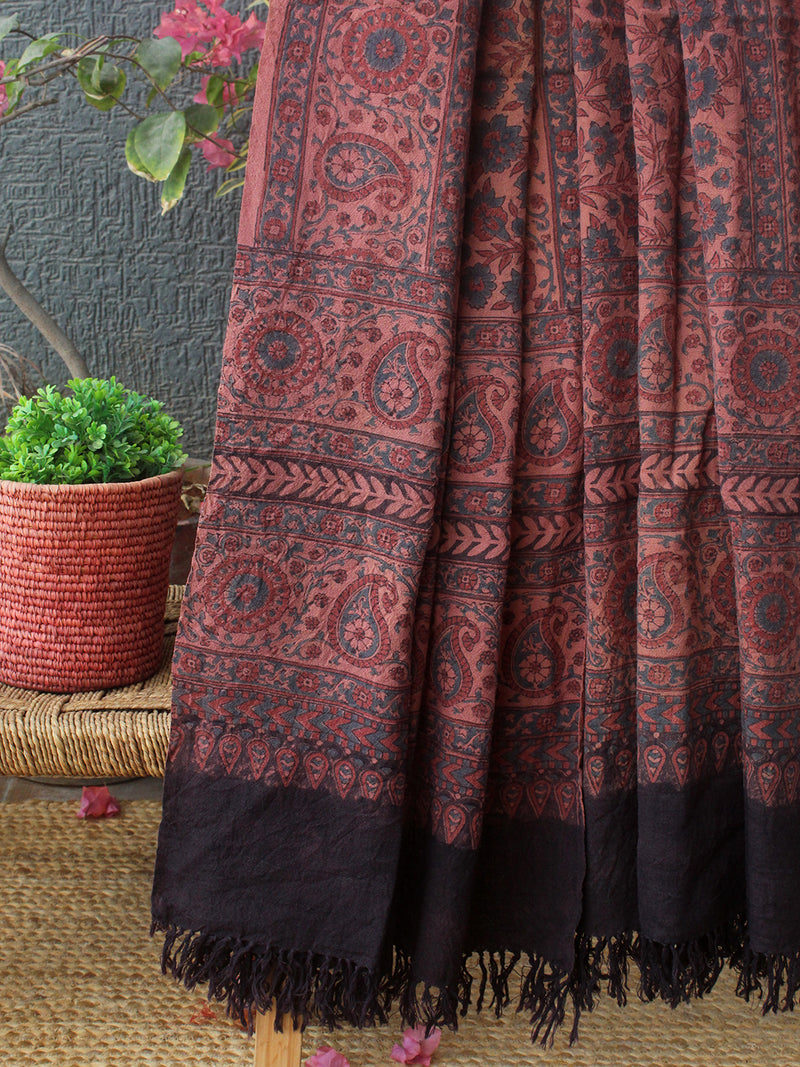 Peach Ajrakh Hand Block Printed Handloom Pure Wool Dupatta