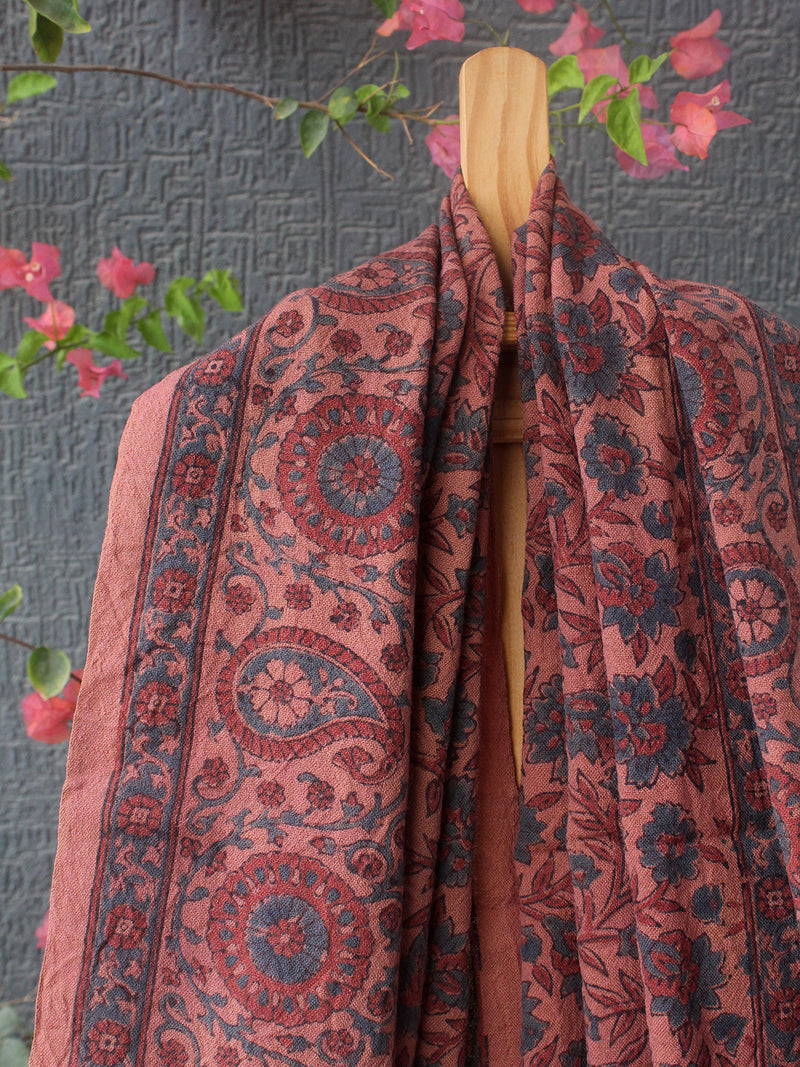 Peach Ajrakh Hand Block Printed Handloom Pure Wool Dupatta