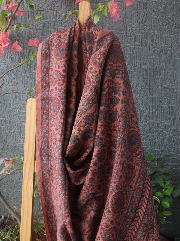 Peach Ajrakh Hand Block Printed Handloom Pure Wool Dupatta