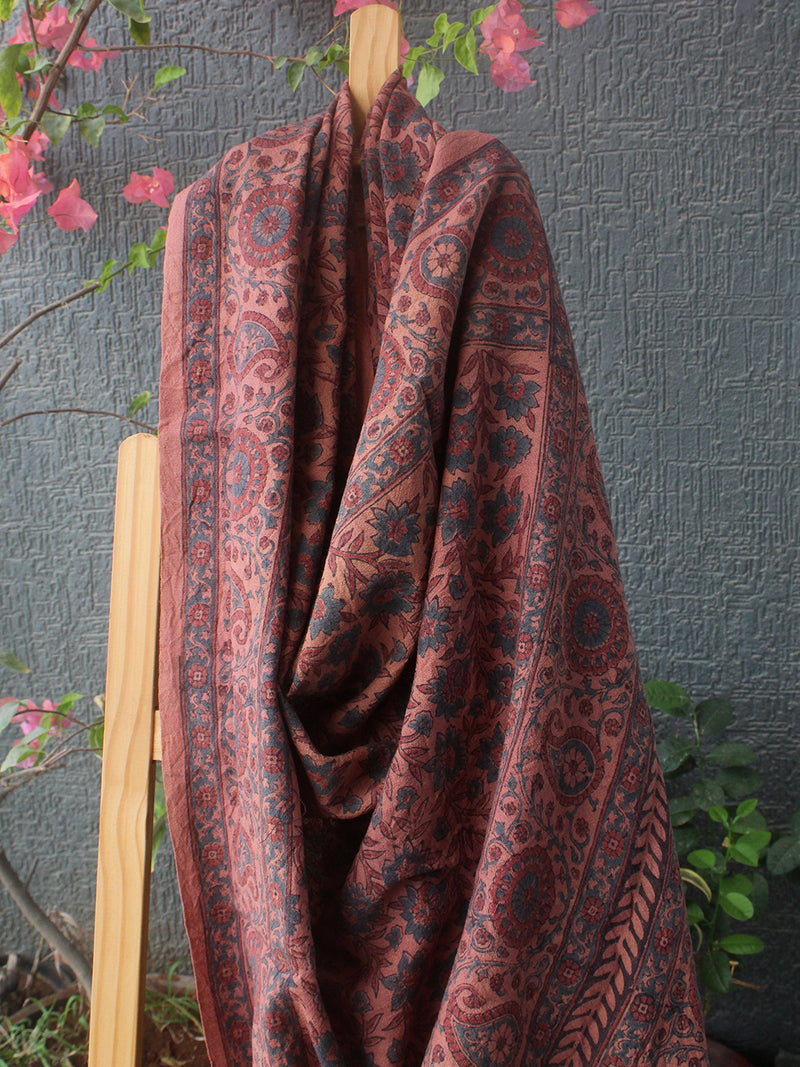 Peach Ajrakh Hand Block Printed Handloom Pure Wool Dupatta
