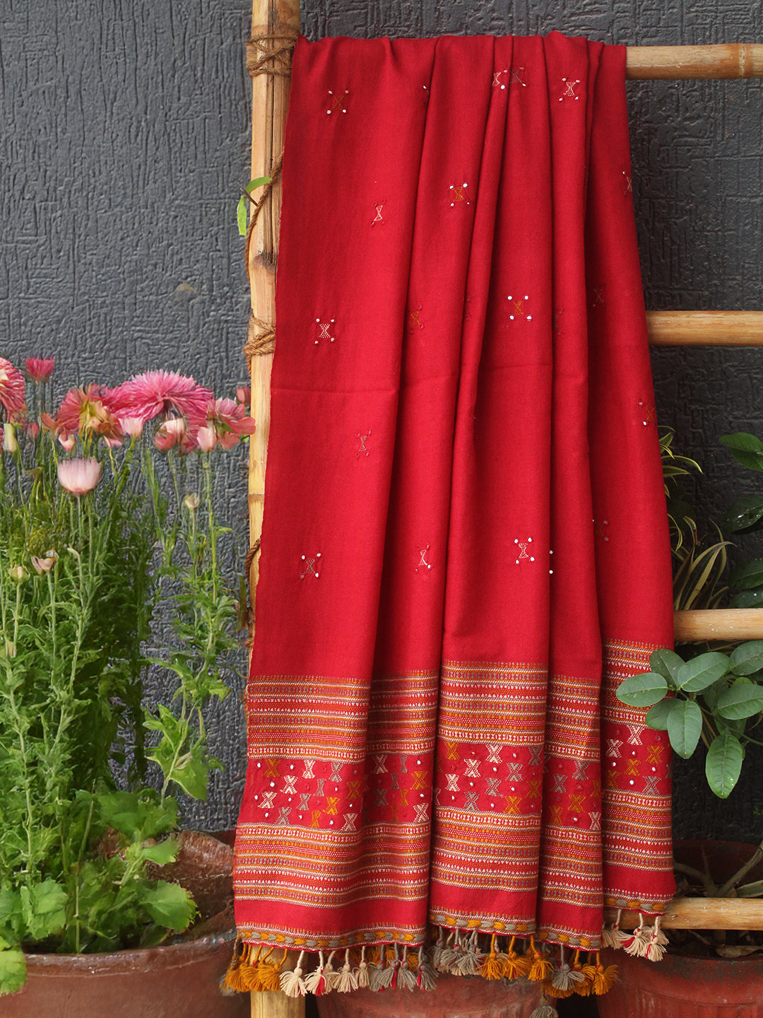 Red Bhujodi Handloom Pure Wool Shawl with Mirror Work and Tassels ...