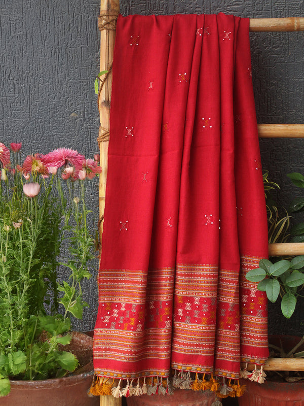 Red Bhujodi Handloom Pure Wool Shawl with Mirror Work and Tassels