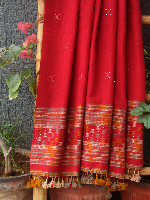 Red Bhujodi Handloom Pure Wool Shawl with Mirror Work and Tassels