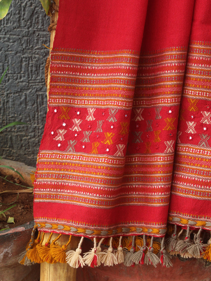 Red Bhujodi Handloom Pure Wool Shawl with Mirror Work and Tassels