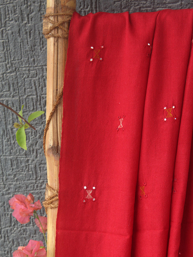 Red Bhujodi Handloom Pure Wool Shawl with Mirror Work and Tassels
