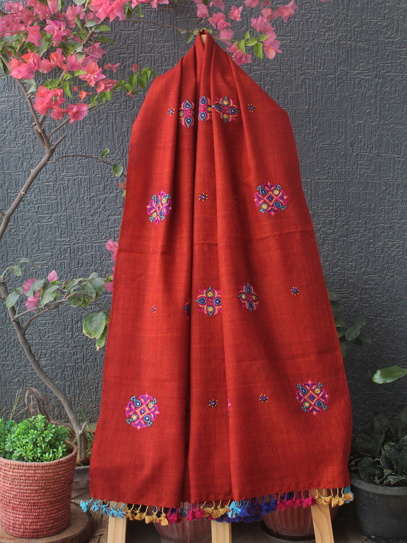 Rust Bhujodi Handloom Pure Wool Ahir Hand Embroidery Stole
