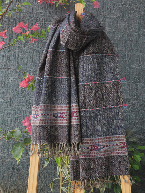 Grey Striped Kullu Handloom Pure Wool Stole
