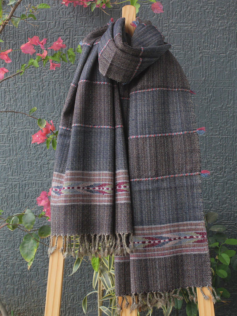 Grey Striped Kullu Handloom Pure Wool Stole