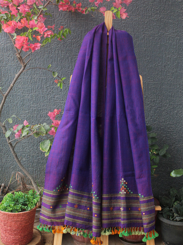 Purple Bhujodi Handloom Pure Wool Devra Mirror Work Stole