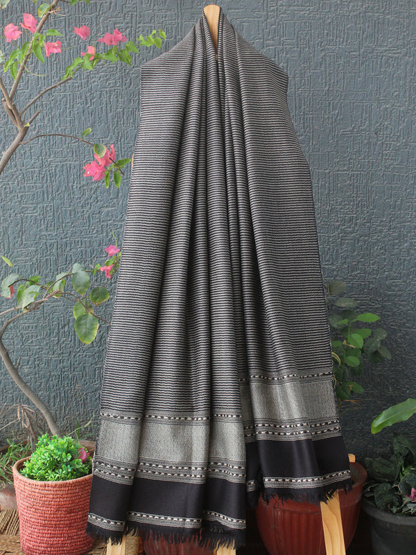 Grey and Black Striped Handloom Pure Wool Kullu Stole