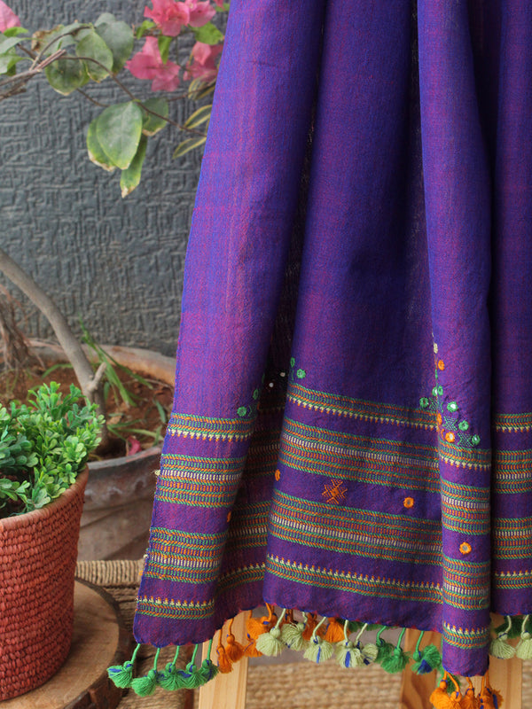Purple Bhujodi Handloom Pure Wool Devra Mirror Work Stole