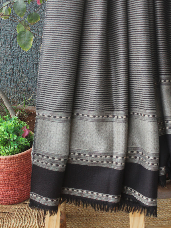 Grey and Black Striped Handloom Pure Wool Kullu Stole