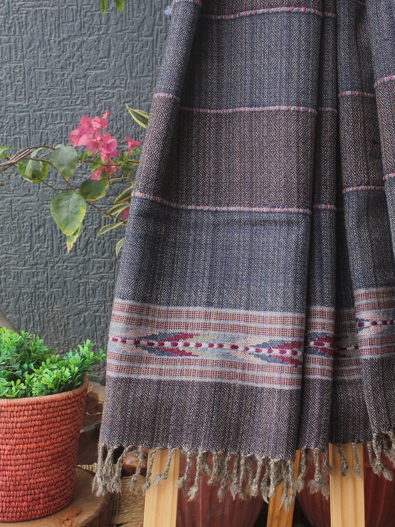 Grey Striped Kullu Handloom Pure Wool Stole