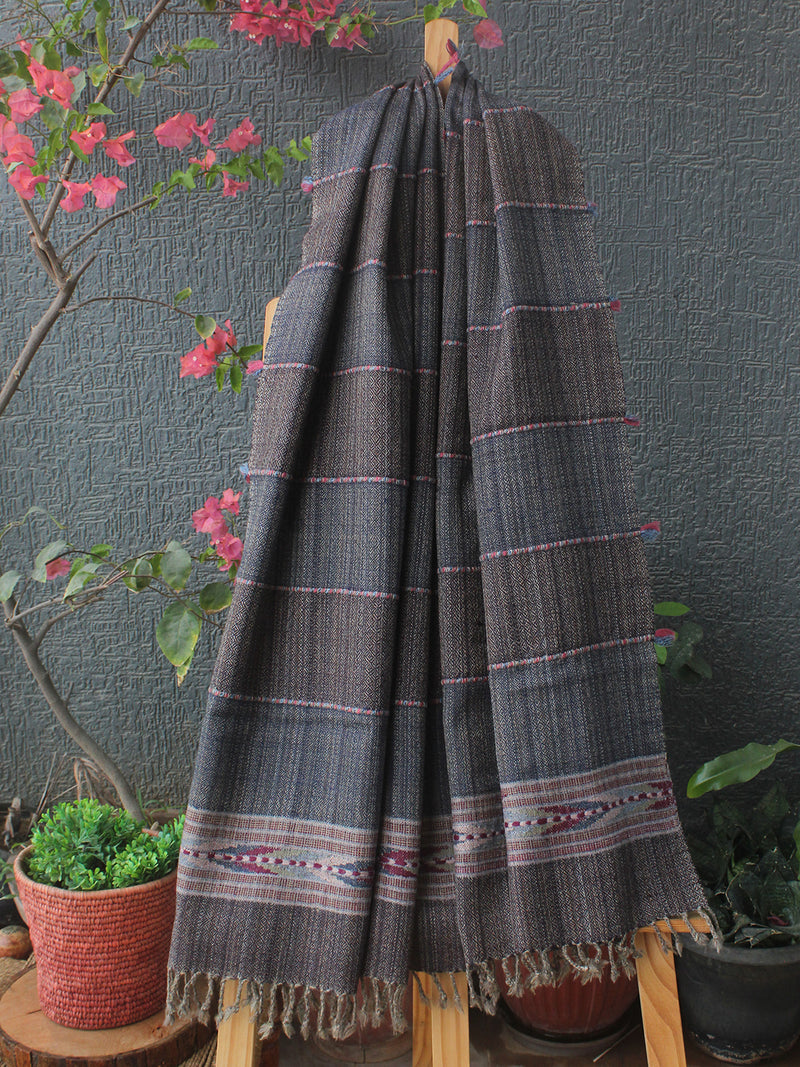 Grey Striped Kullu Handloom Pure Wool Stole