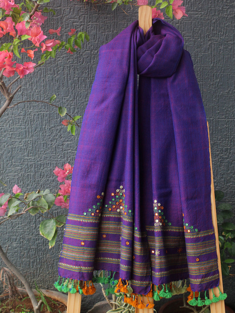 Purple Bhujodi Handloom Pure Wool Devra Mirror Work Stole