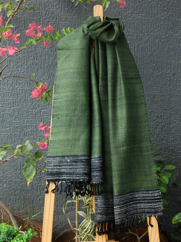 Green Kullu Handloom Pure Wool Stole With Yak Wool Border