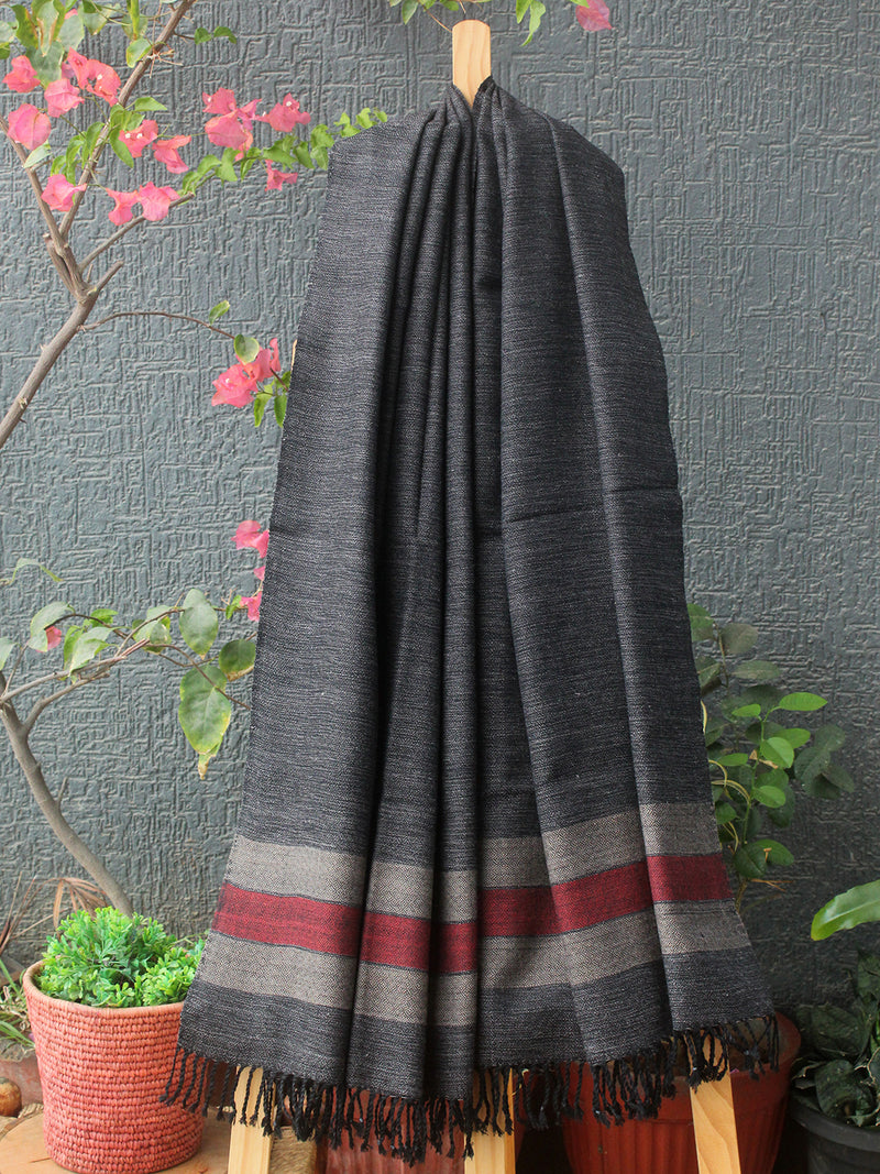 Grey Striped Kullu Handloom Pure Wool Stole