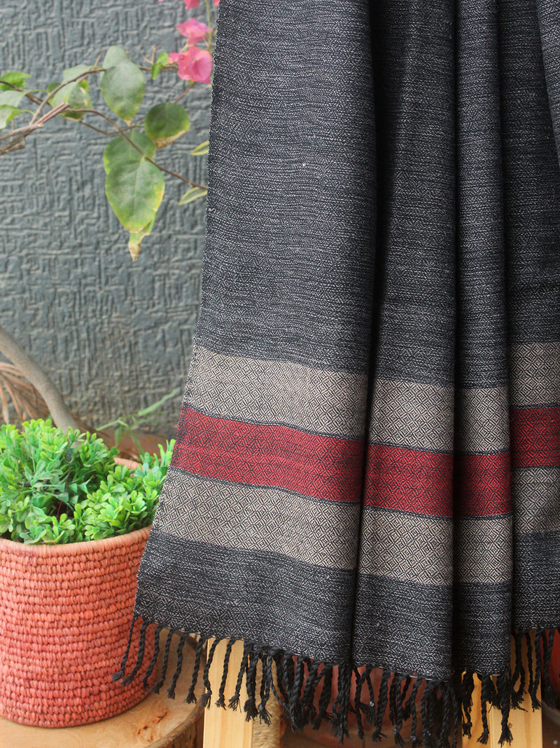 Grey Striped Kullu Handloom Pure Wool Stole