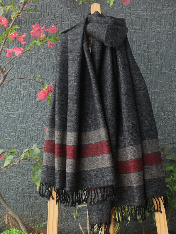 Grey Striped Kullu Handloom Pure Wool Stole
