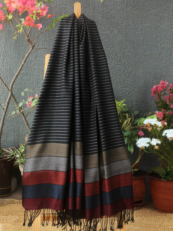 Black Striped Kullu Handloom Pure Wool Stole