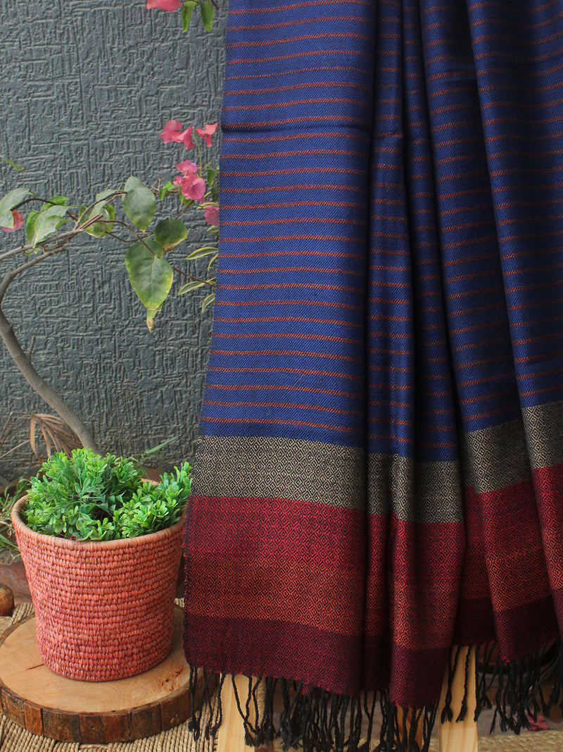 Blue Striped Kullu Handloom Pure Wool Stole