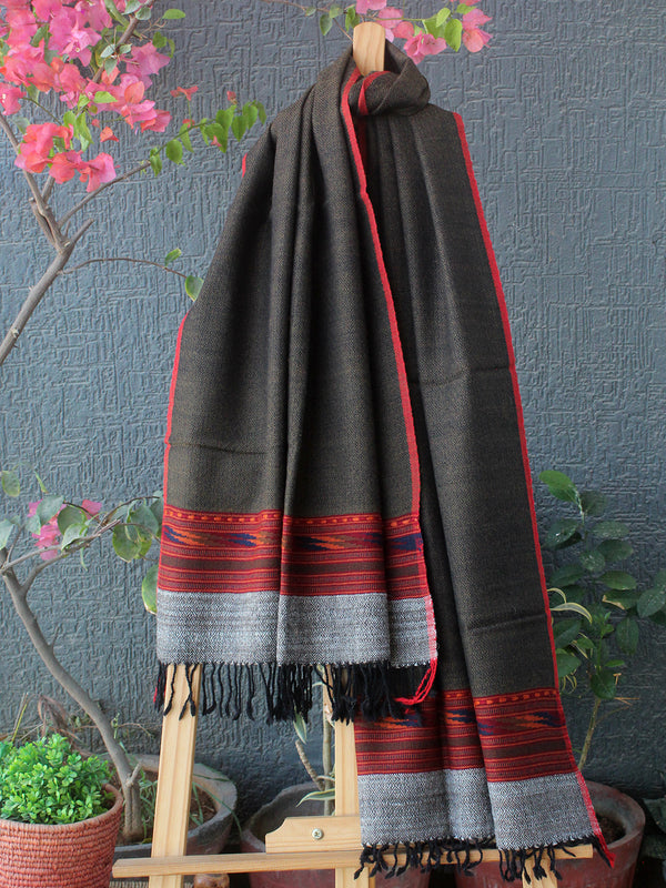 Mustard and Black Kullu Handloom Pure Wool Stole