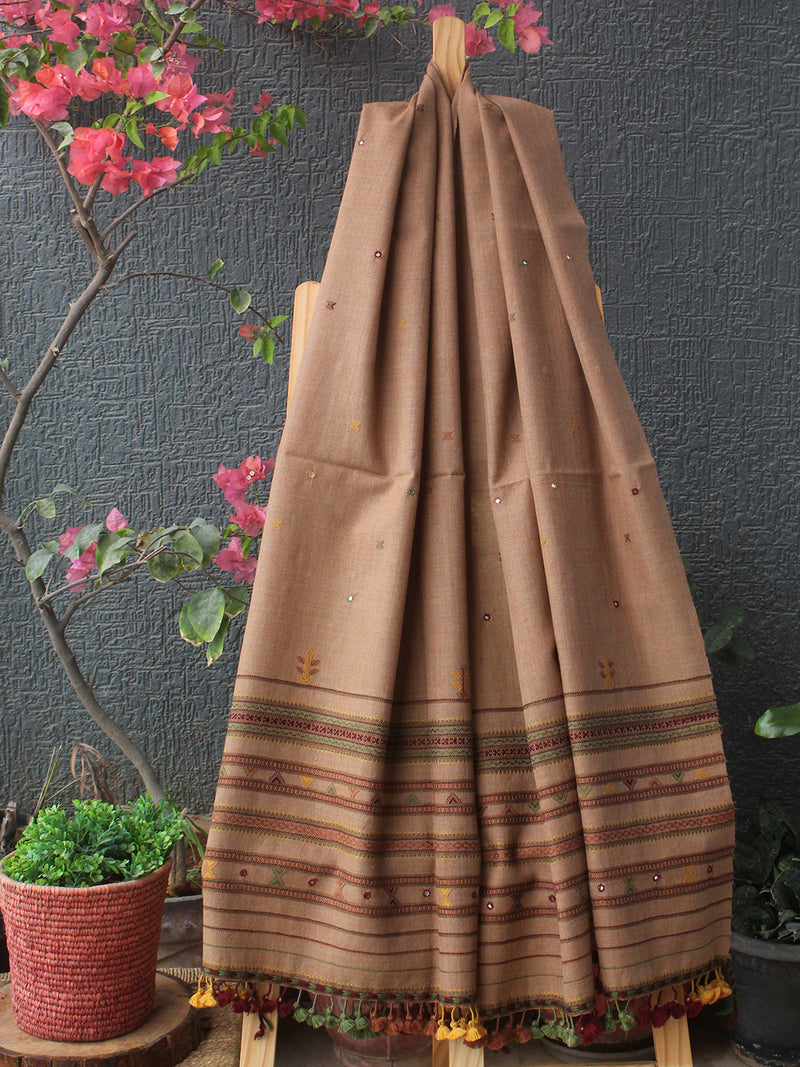 Beige Bhujodi Handloom Pure Wool Jalbooti Mirror Work Stole