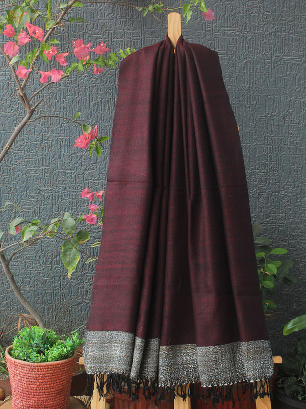 Maroon Kullu Handloom Pure Wool Stole With Yak Wool Border