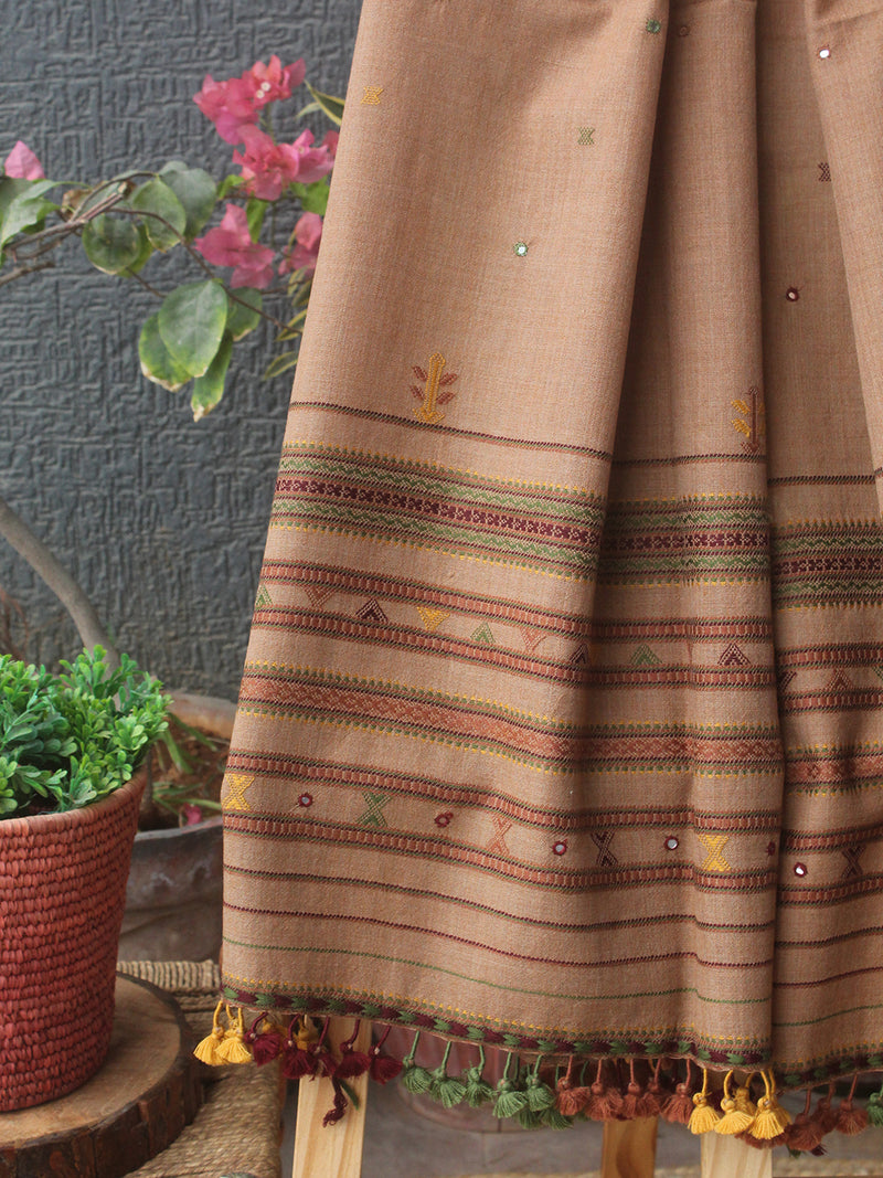 Beige Bhujodi Handloom Pure Wool Jalbooti Mirror Work Stole