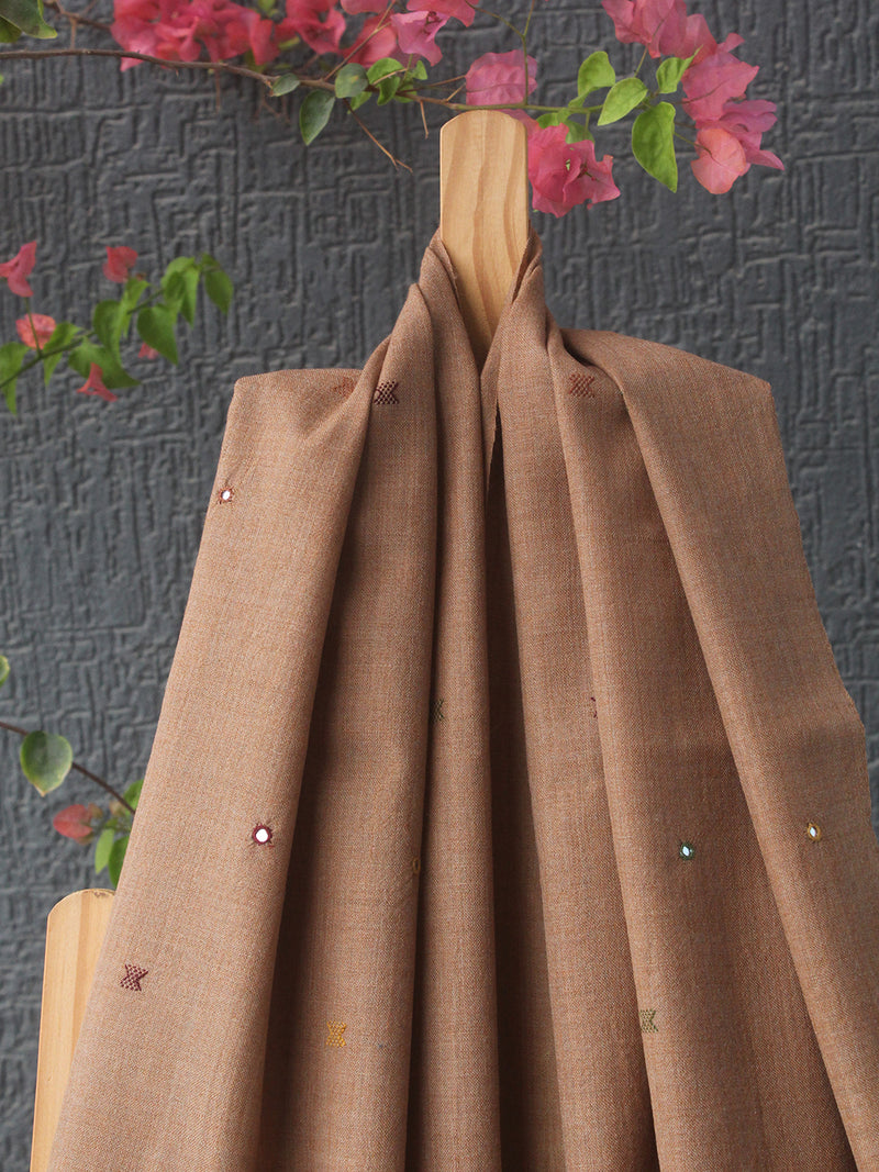 Beige Bhujodi Handloom Pure Wool Jalbooti Mirror Work Stole