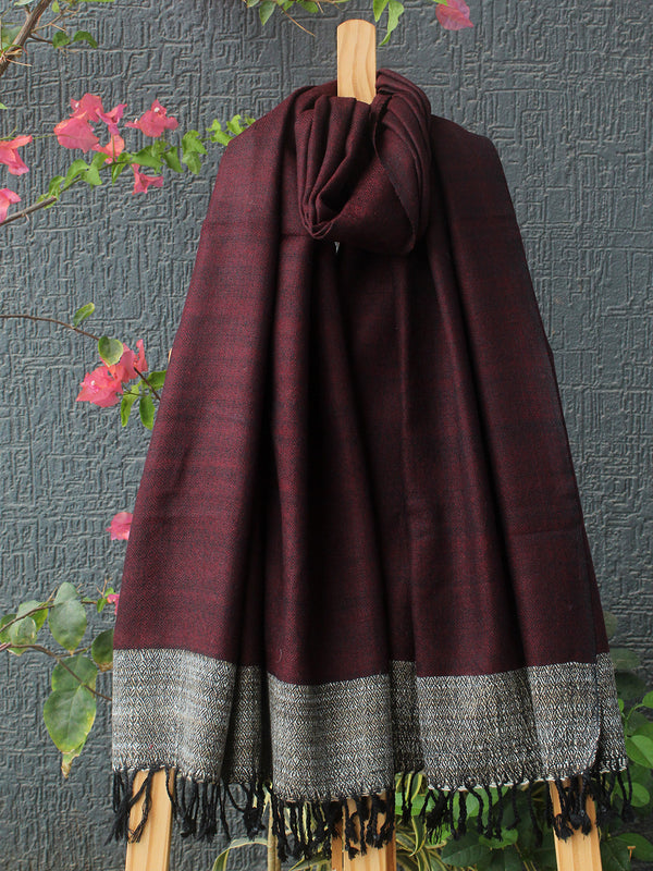 Maroon Kullu Handloom Pure Wool Stole With Yak Wool Border