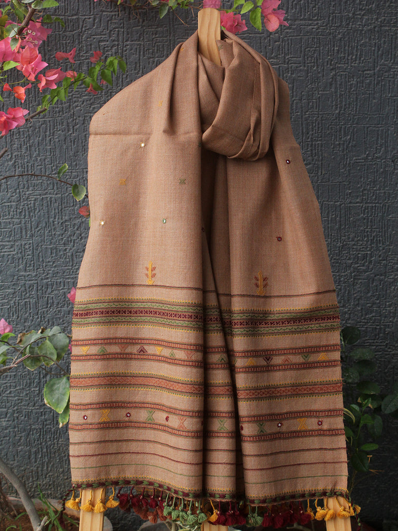 Beige Bhujodi Handloom Pure Wool Jalbooti Mirror Work Stole