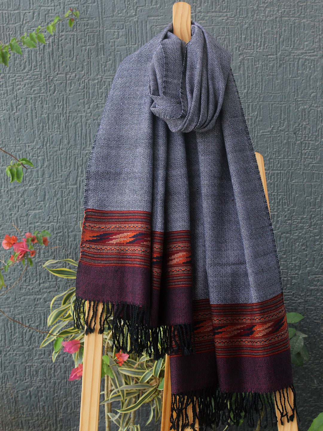 Red, Black and Green Handloom Pure Wool Kullu Stole