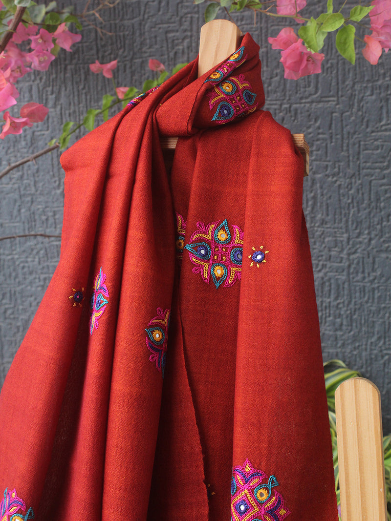 Rust Bhujodi Handloom Pure Wool Ahir Hand Embroidery Stole