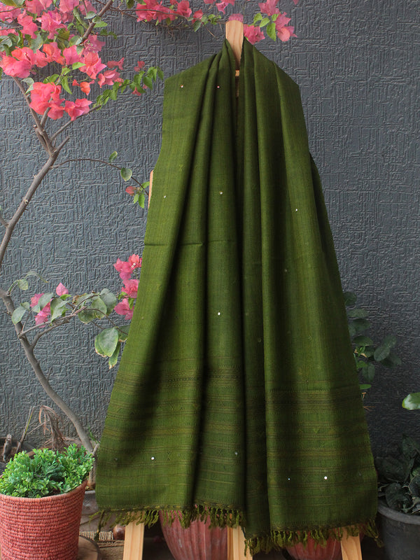 Green Bhujodi Handloom Pure Wool Jalbooti Mirror Work Stole