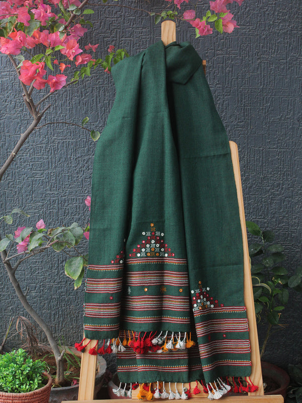 Green Bhujodi Handloom Pure Wool Devra Embroidery Mirror Work Stole