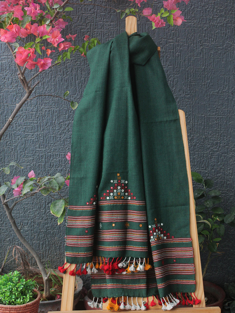 Green Bhujodi Handloom Pure Wool Devra Embroidery Mirror Work Stole