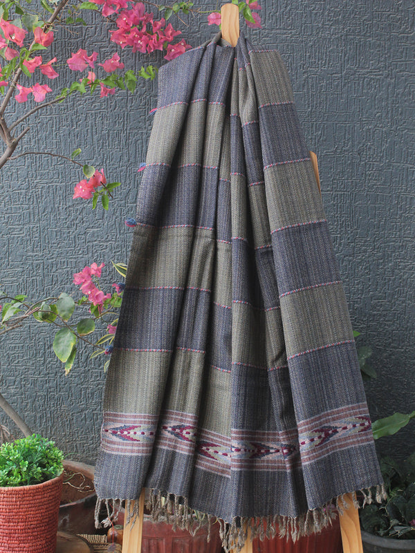 Grey Striped Kullu Handloom Pure Wool Stole